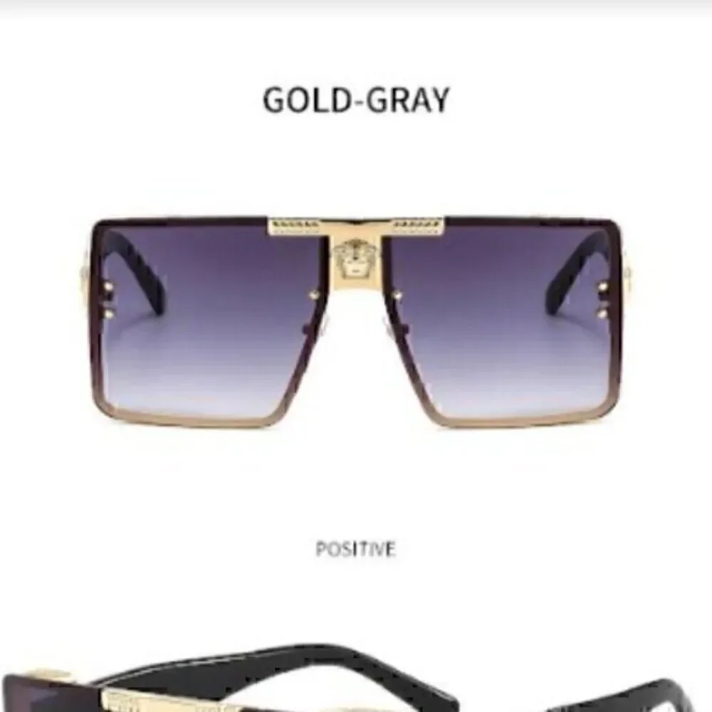 Gray Sports Sunglasses Grey Rivet Metal Frame Large Square Gold Frame